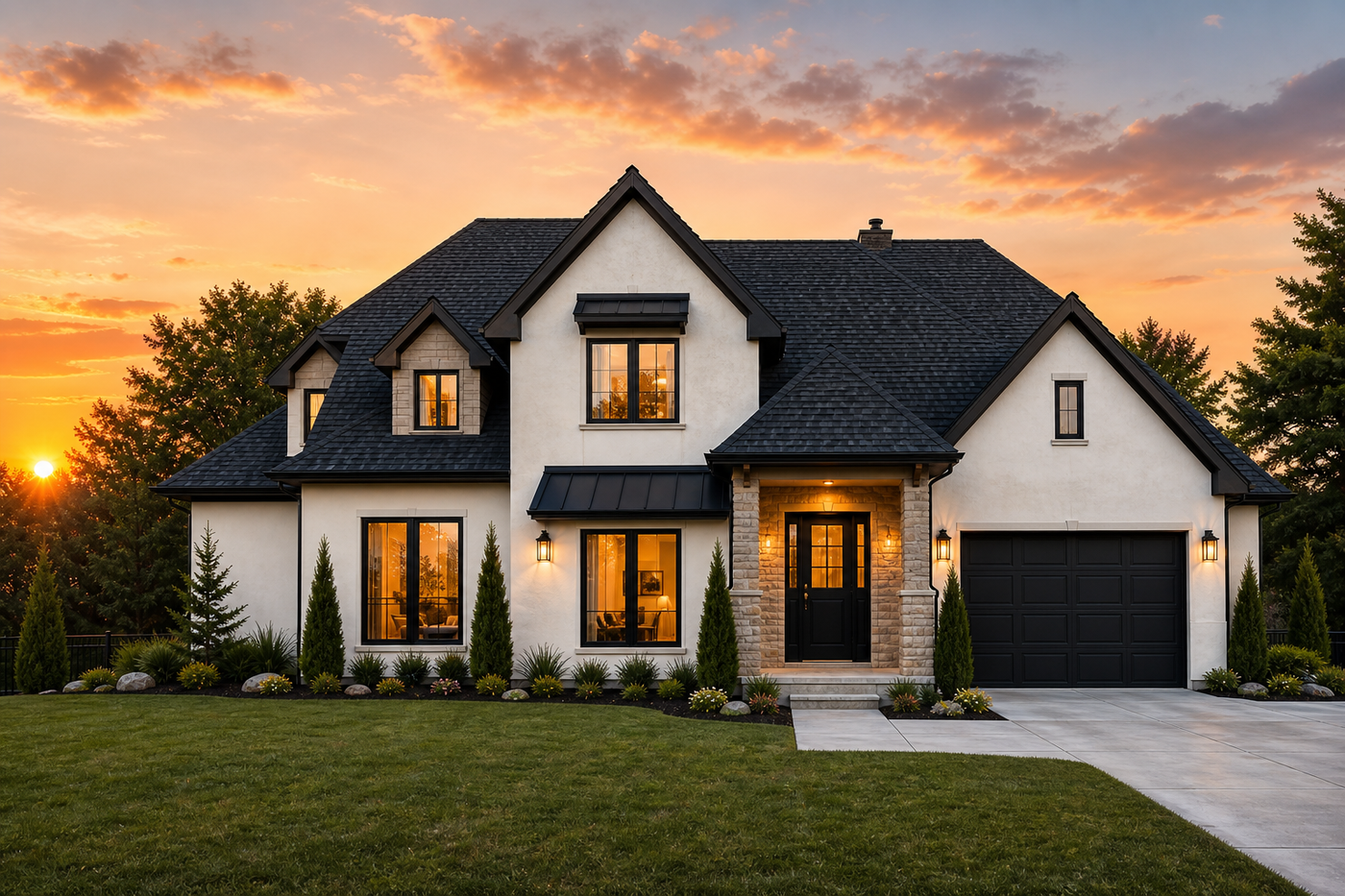 Modern white home with a charcoal roof at sunset
