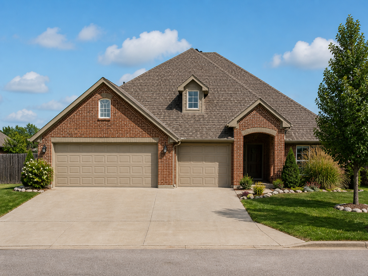Front view of a brick home with a completed roof replacement